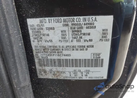 2001 Ford F-350 Lariat/Xl/Xlt из США, поврежденный, VIN 1FTSX31F11EC74403